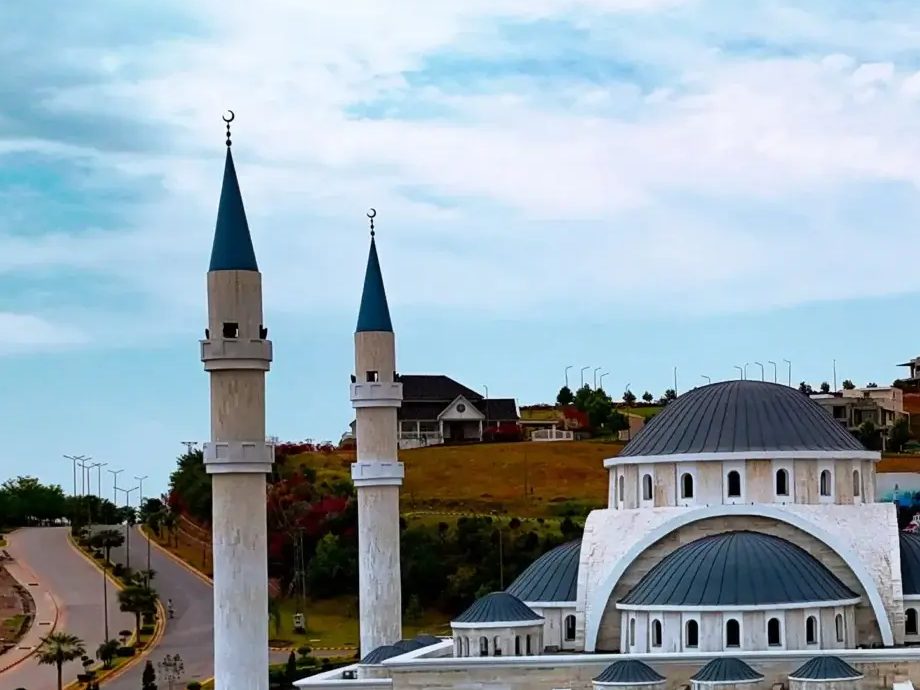 Mosque entrance and minarets